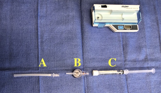 Monitor for measuring compartment pressure with sterile components- needle (A); Pressure chamber B); & Syringe with sterile normal saline (C)